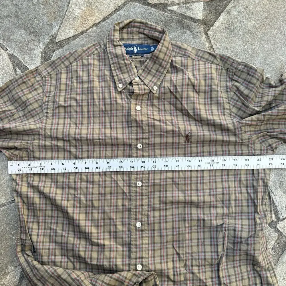 Ralph Lauren Shirt Men Large Brown Olive Plaid Button Up Long Sleeve 100% Cotton